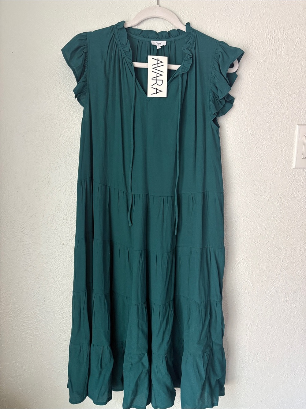 AVARA Teal Ruffled Cap-Sleeve Tiered Midi Dress with Tie Neck